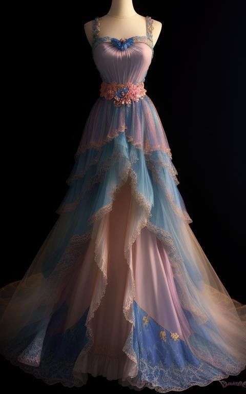 Retro Ball Gown Straps Layers Ombre Pink Party Dress Long Prom Dresses Evening Dress
