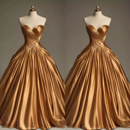 Retro Ball Gown Sweetheart Satin Gold Party Dress Prom Dresses Evening Dress