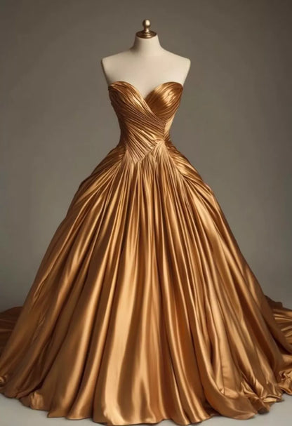 Retro Ball Gown Sweetheart Satin Gold Party Dress Prom Dresses Evening Dress