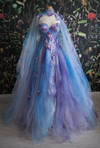 Retro Ball Gown Sweetheart Lace Layers Evening Dress Prom Dresses With Cape