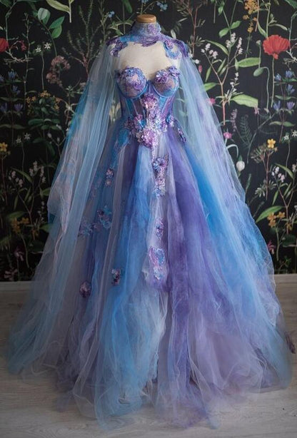 Retro Ball Gown Sweetheart Lace Layers Evening Dress Prom Dresses With Cape
