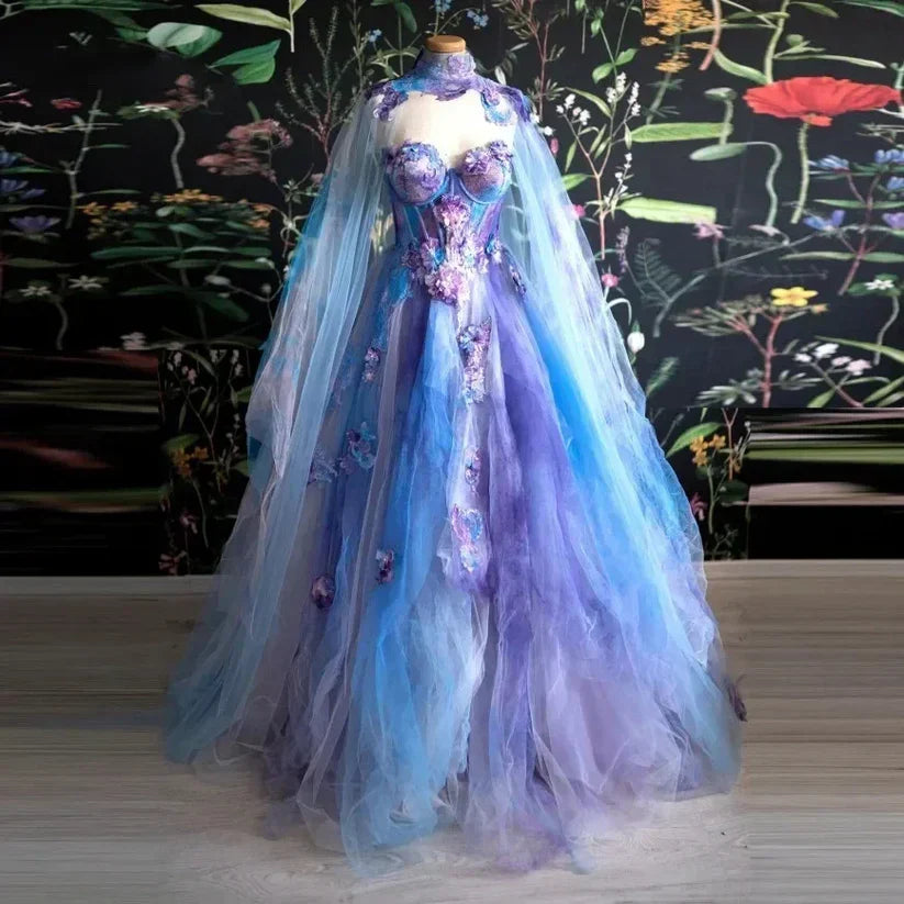 Retro Ball Gown Sweetheart Lace Layers Evening Dress Prom Dresses With Cape
