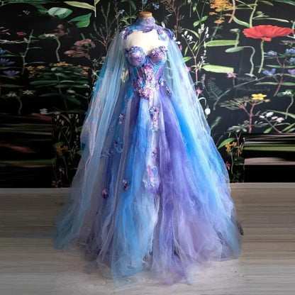 Retro Ball Gown Sweetheart Lace Layers Evening Dress Prom Dresses With Cape