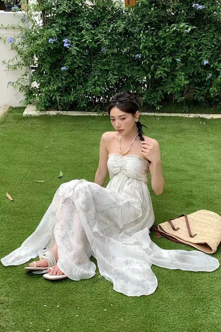 Floral Ruffle Design Halter Dress Elegant A-line Chiffon Evening Party Dress TP4113