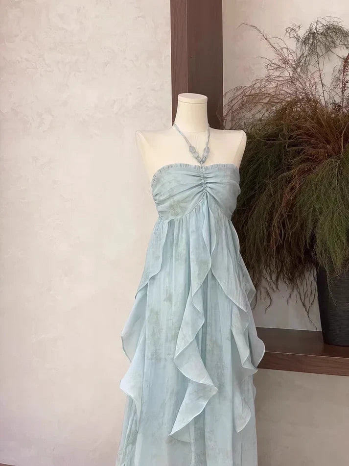 Floral Ruffle Design Halter Dress Elegant A-line Chiffon Evening Party Dress TP4113