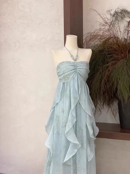 Floral Ruffle Design Halter Dress Elegant A-line Chiffon Evening Party Dress TP4113