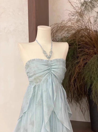 Floral Ruffle Design Halter Dress Elegant A-line Chiffon Evening Party Dress TP4113
