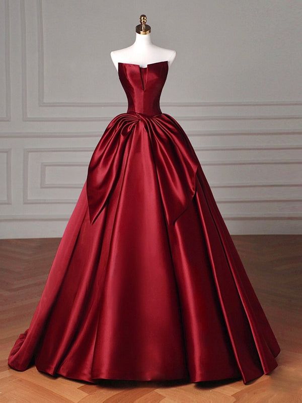 Sexy Ball Gown Strapless Burgundy Satin Long Evening Gowns Prom Dresses
