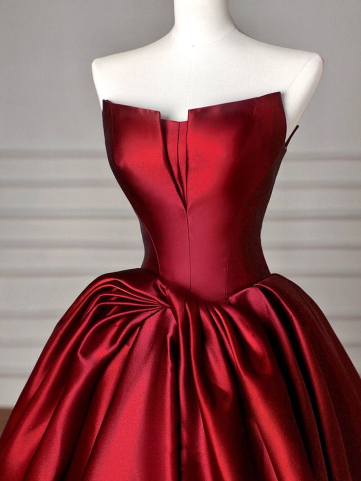 Sexy Ball Gown Strapless Burgundy Satin Long Evening Gowns Prom Dresses