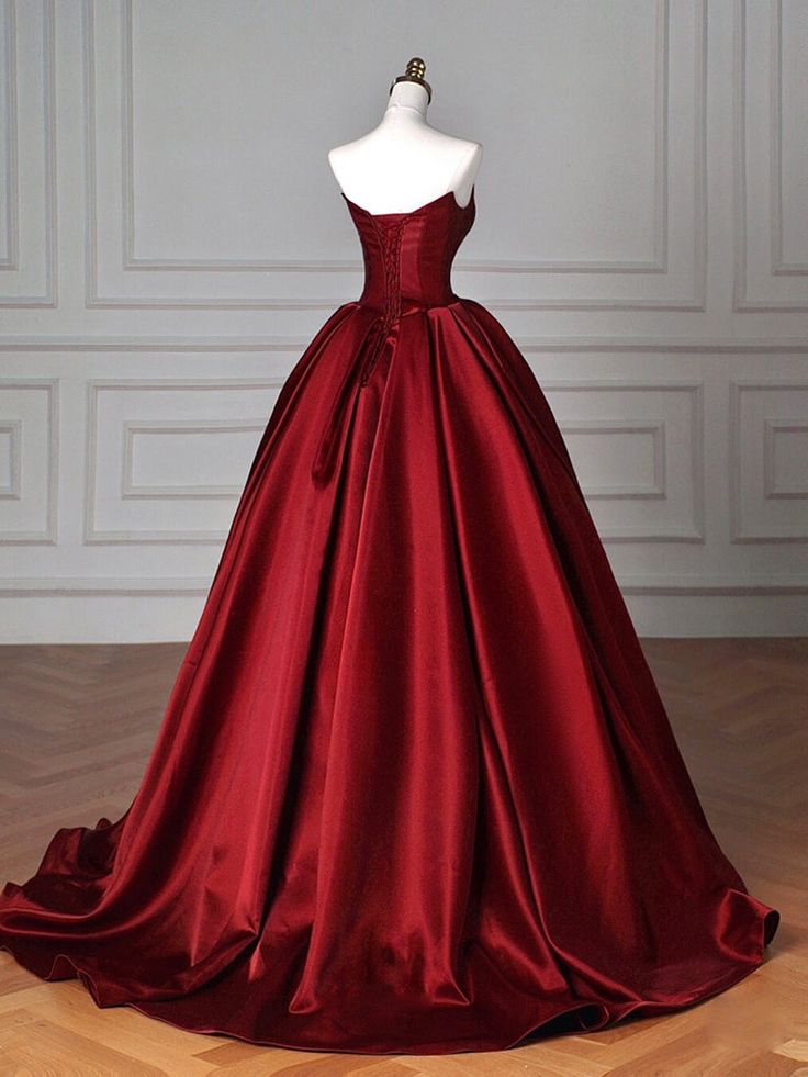 Sexy Ball Gown Strapless Burgundy Satin Long Evening Gowns Prom Dresses