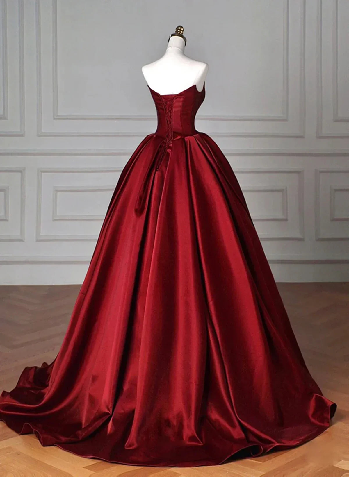 Sexy Ball Gown Strapless Burgundy Satin Long Evening Gowns Prom Dresses