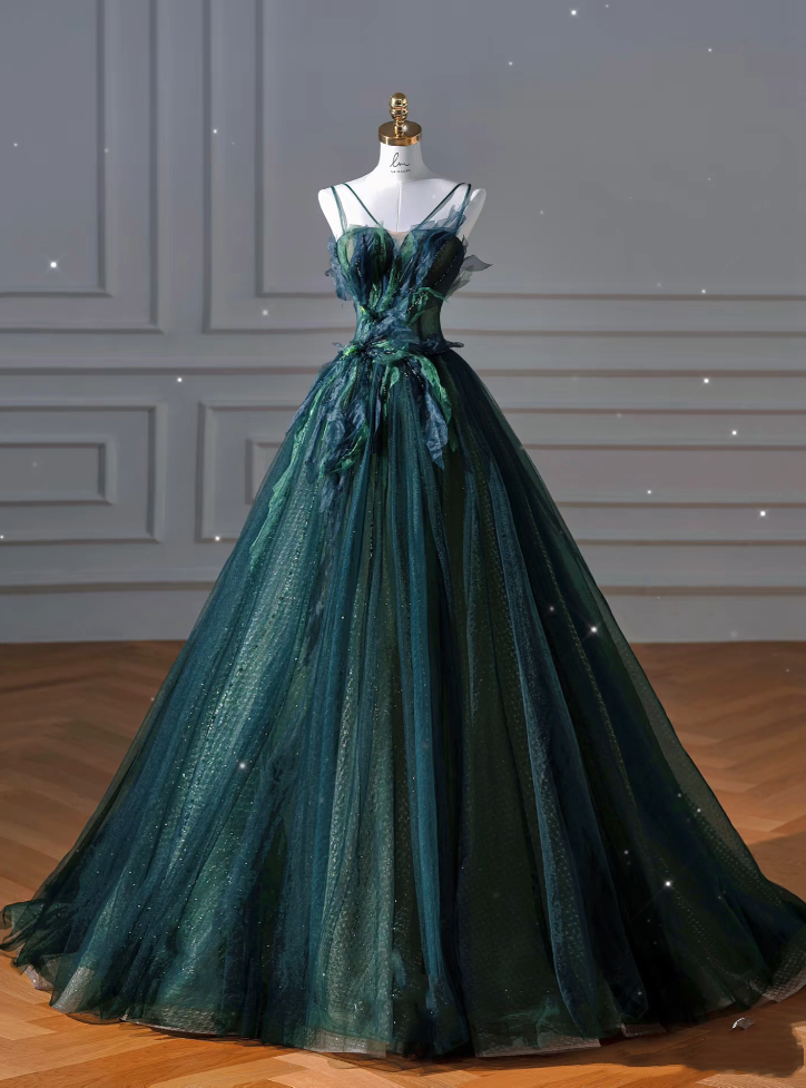 Sexy Ball Gown Strapless Green Tulle Long Evening Gowns Prom Dresses