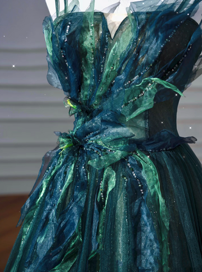 Sexy Ball Gown Strapless Green Tulle Long Evening Gowns Prom Dresses