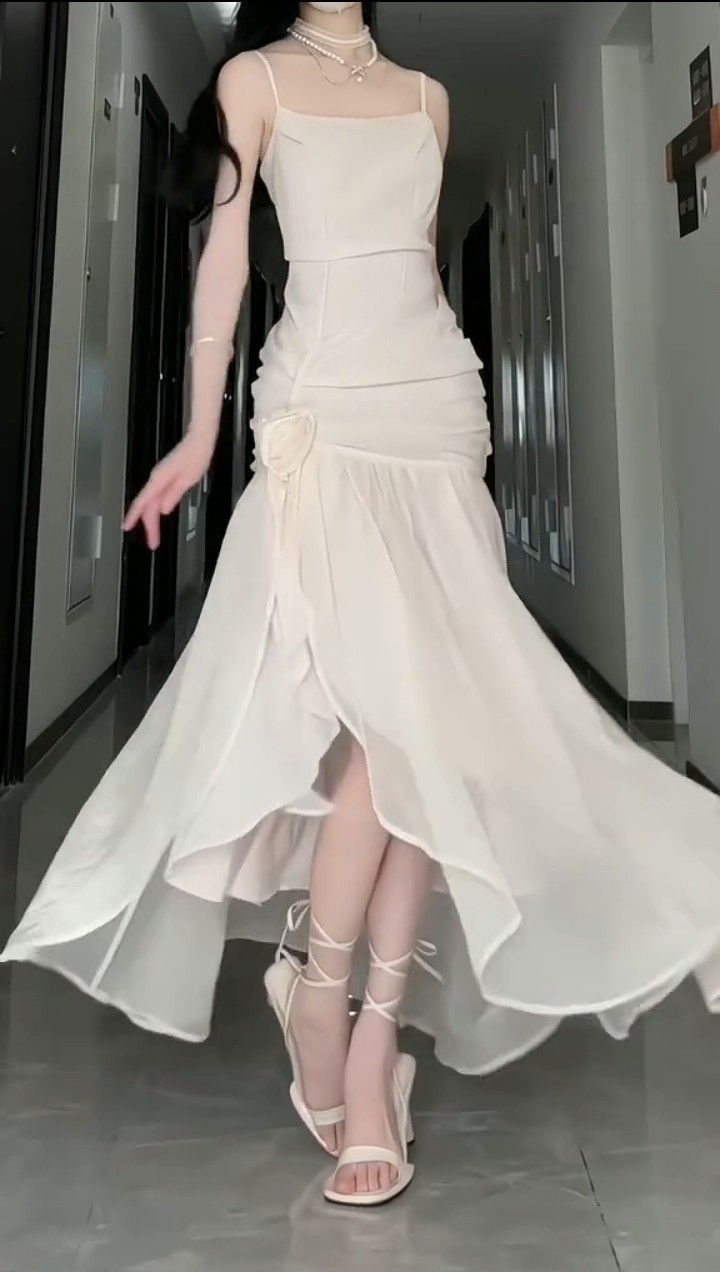 Sexy Mermaid Straps Ivory Chiffon Long Evening Gowns Prom Dresses