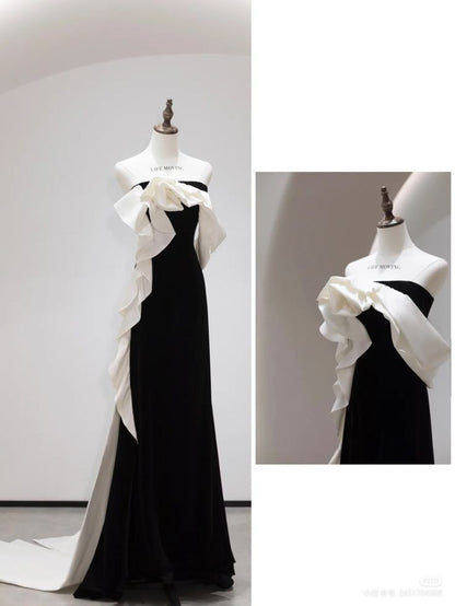 Sexy Sheath Strapless Black Satin Long Evening Gowns Prom Dresses