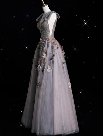 Sexy Ball Gown V Neckline Gray Tulle Floral Long Evening Gowns Prom Dresses