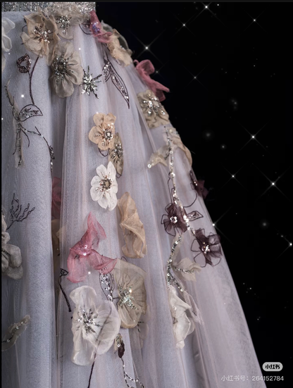 Sexy Ball Gown V Neckline Gray Tulle Floral Long Evening Gowns Prom Dresses