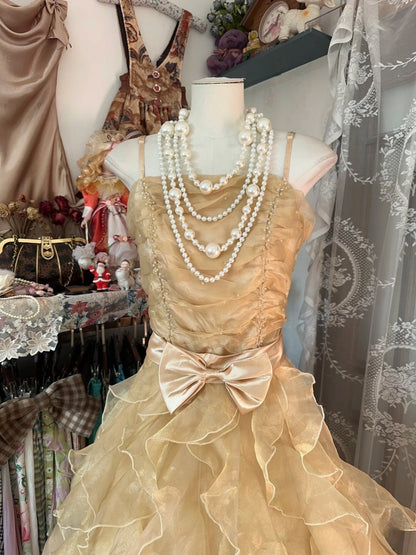 Vintage Ball Gown Spaghetti Straps Sleeveless Long Gold Evening Dress Prom Dresses