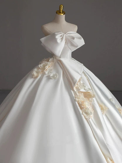 Simple Ball Gown Strapless Sleeveless Satin White Wedding Dresses Brides Dress With Bow