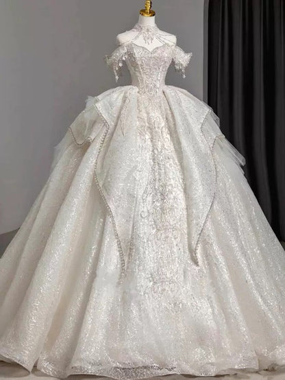 Timeless Ball Gown Sweetheart Short Sleeves Lace White Wedding Dresses Brides Dress