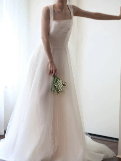 Unique Ball Gown Straps Neckline Long White Tulle Wedding Dresses