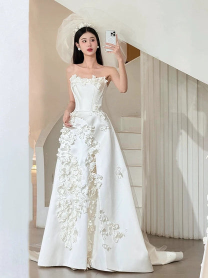 Unique Ball Gown Strapless Neckline Long White Satin Floral Wedding Dresses