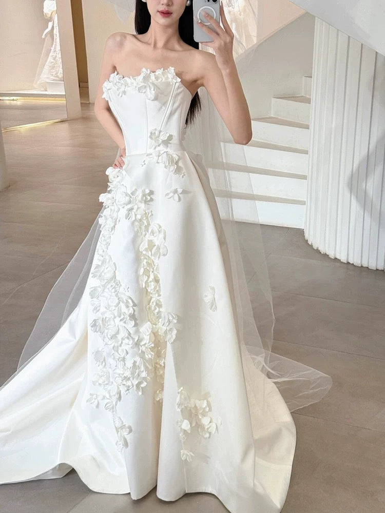 Unique Ball Gown Strapless Neckline Long White Satin Floral Wedding Dresses