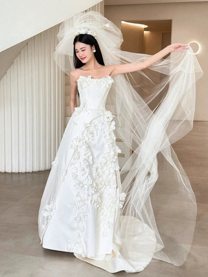 Unique Ball Gown Strapless Neckline Long White Satin Floral Wedding Dresses