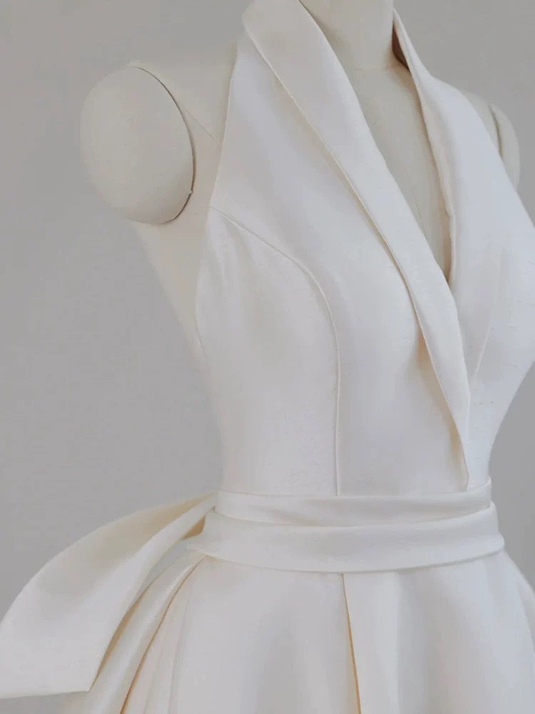Unique Ball Gown Halter Neckline Satin Pleats White Wedding Dresses
