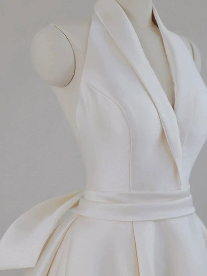Unique Ball Gown Halter Neckline Satin Pleats White Wedding Dresses