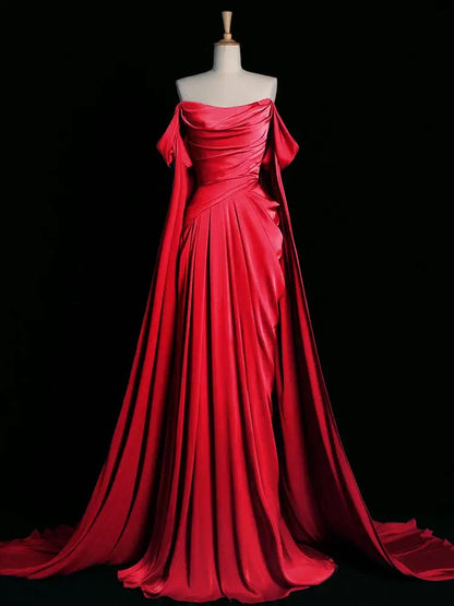 Vintage A Line Off The Shoulder Satin Prom Dresses Long Evening Gown Formal Party Dress