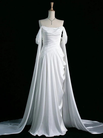 Vintage A Line Off The Shoulder Satin Prom Dresses Long Evening Gown Formal Party Dress
