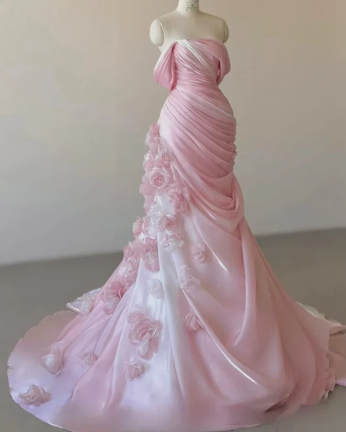 Pink gorgeous exquisite floral mermaid slim strapless long tulle floor-length ball gown evening wedding dress gh3396