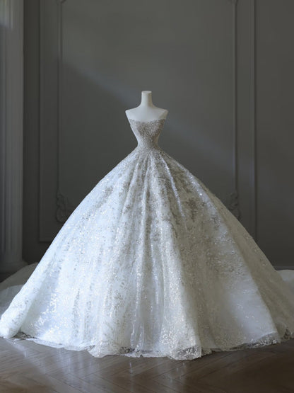 Timeless Ball Gown Strapless Sequin White Wedding Dresses Brides Dress
