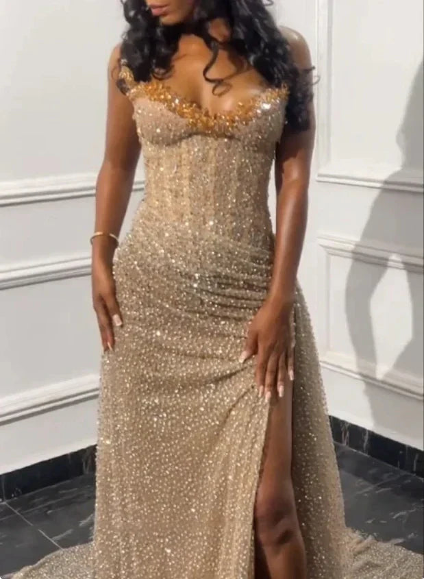 Enchanting Shiny Champagne Beaded Strapless Slit Prom Dress Evening Dress TP4330
