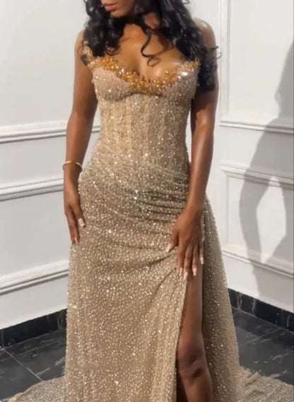 Enchanting Shiny Champagne Beaded Strapless Slit Prom Dress Evening Dress TP4330