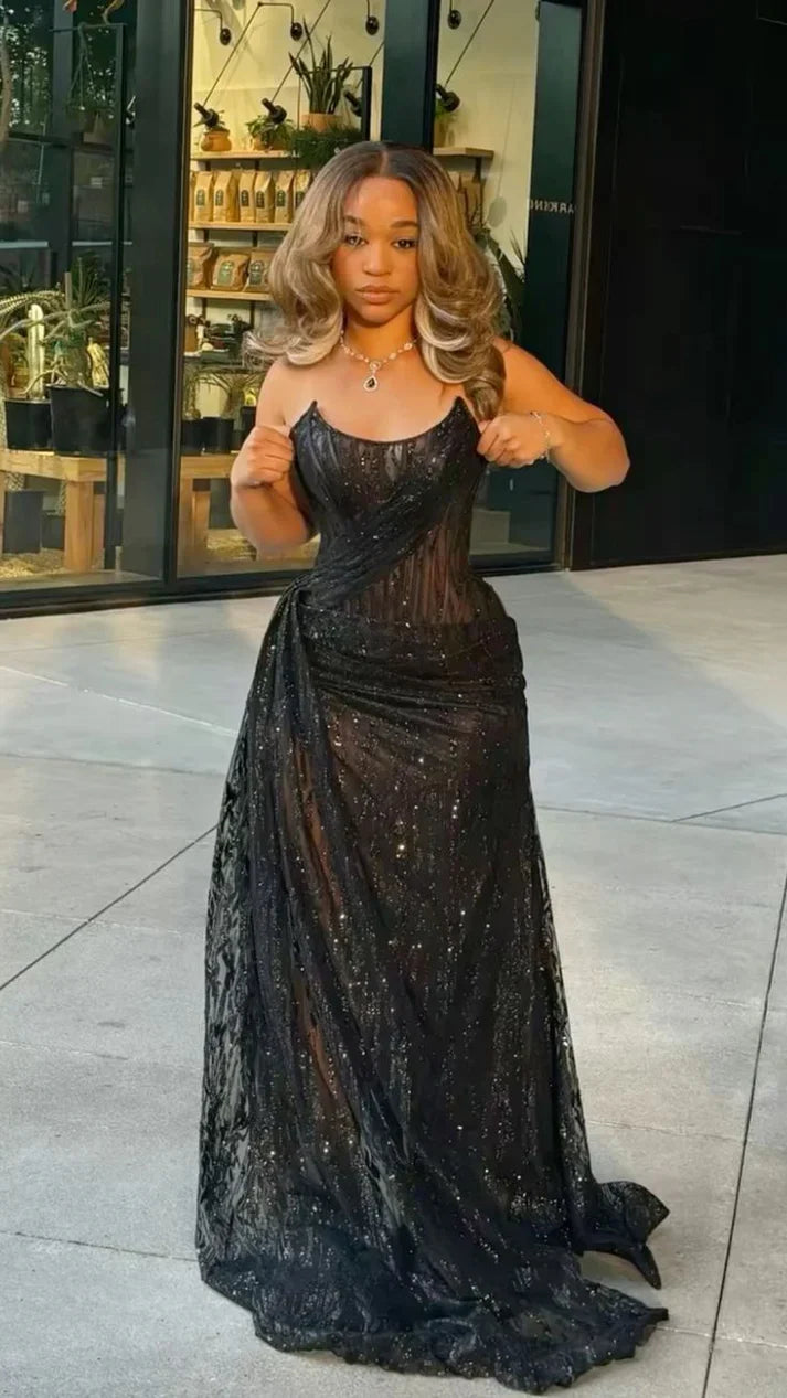Gorgeous Glittering Black Beaded Strapless Mermaid High Slit Prom Dress Evening Dress TP4328