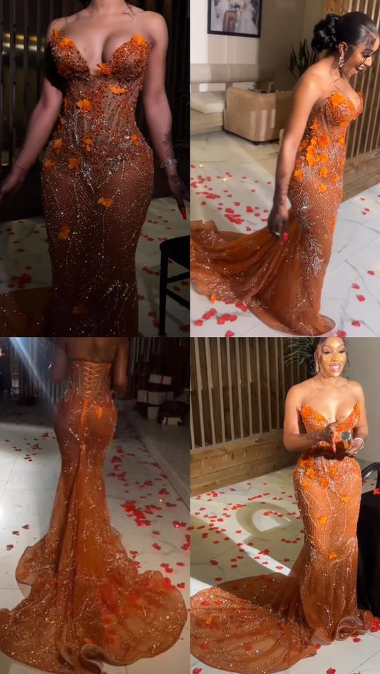 Classy Mermaid Sweetheart Orange Tulle Sequin Evening Gowns Long Prom Dress