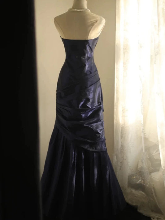 Classy Mermaid Strapless Navy Blue Organza Long Evening Gowns Prom Dress