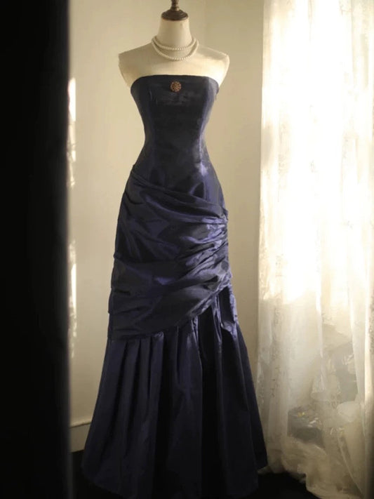 Classy Mermaid Strapless Navy Blue Organza Long Evening Gowns Prom Dress