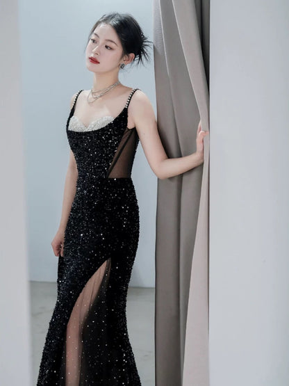 Classy Mermaid Spaghetti Straps Black Sequin Slit Long Evening Gowns Prom Dress