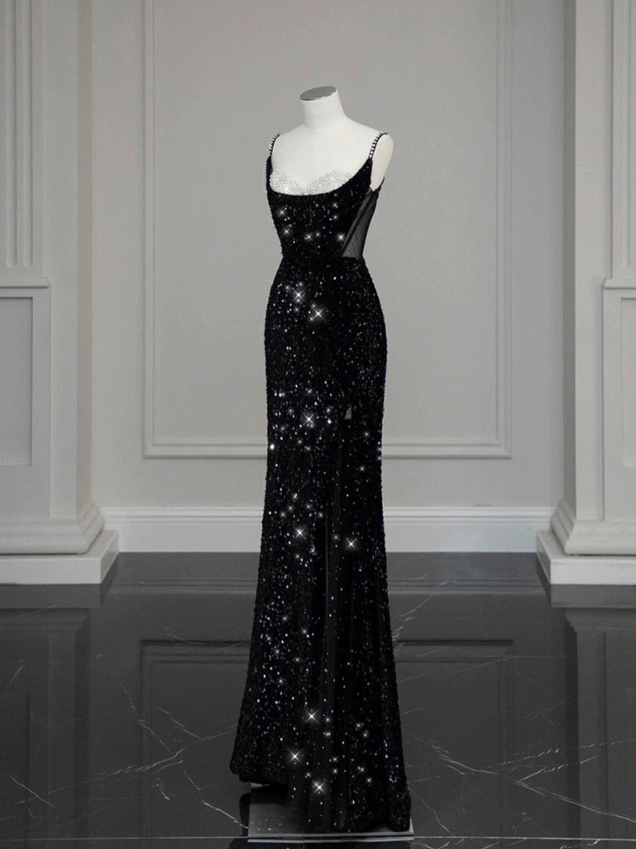Classy Mermaid Spaghetti Straps Black Sequin Slit Long Evening Gowns Prom Dress