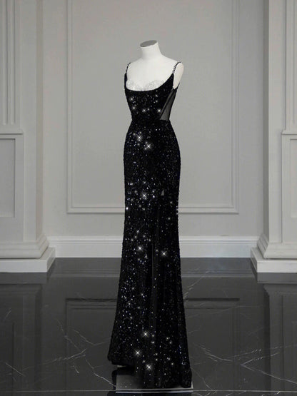 Classy Mermaid Spaghetti Straps Black Sequin Slit Long Evening Gowns Prom Dress