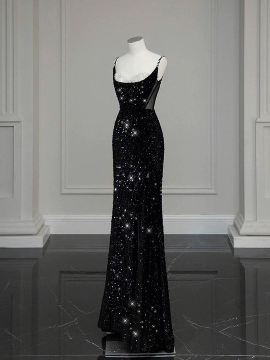 Classy Mermaid Spaghetti Straps Black Sequin Slit Long Evening Gowns Prom Dress