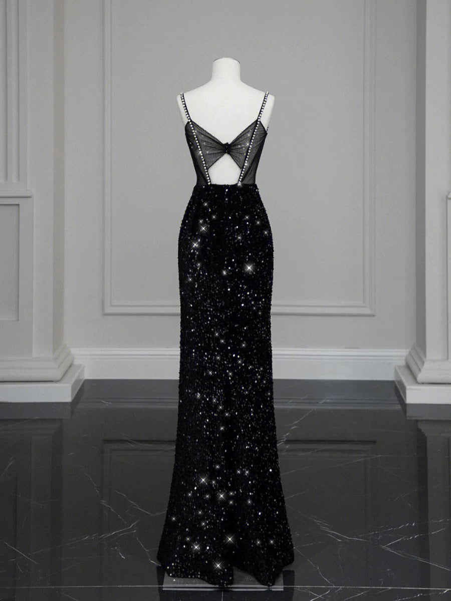 Classy Mermaid Spaghetti Straps Black Sequin Slit Long Evening Gowns Prom Dress
