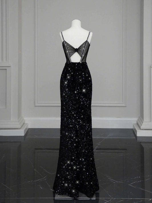 Classy Mermaid Spaghetti Straps Black Sequin Slit Long Evening Gowns Prom Dress