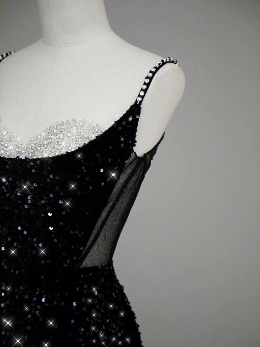 Classy Mermaid Spaghetti Straps Black Sequin Slit Long Evening Gowns Prom Dress