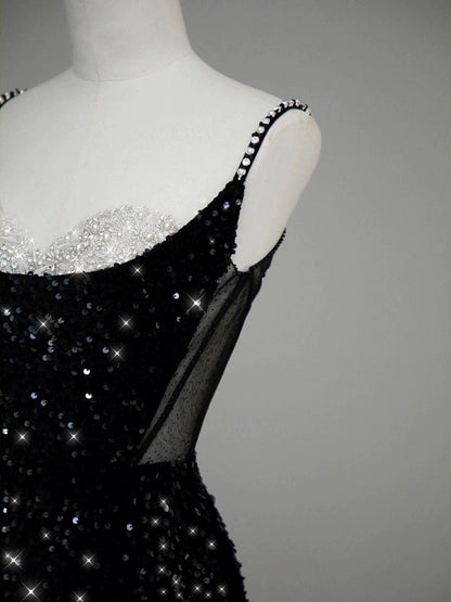 Classy Mermaid Spaghetti Straps Black Sequin Slit Long Evening Gowns Prom Dress