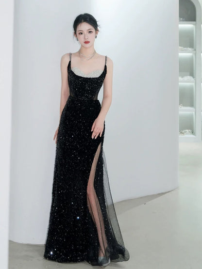 Classy Mermaid Spaghetti Straps Black Sequin Slit Long Evening Gowns Prom Dress