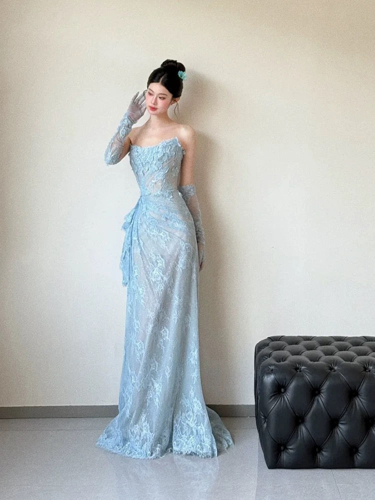 Classy Mermaid Strapless Lace Blue Long Evening Gowns Split Prom Dress